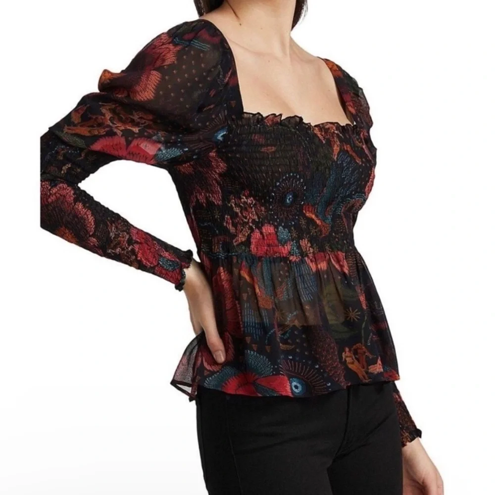 Farm Rio Medium Black River Creatures Blouse Tropical Puff Sleeve Peplum Resort